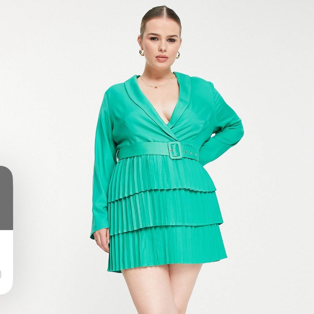 ASOS Curve Emerald Green Pleated Tiered Belted Mini Dress